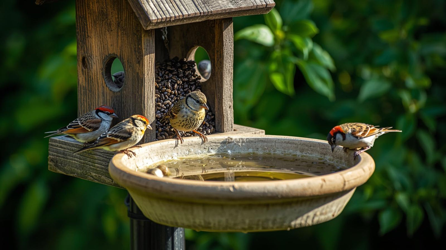 Comederos y bebederos para pájaros.