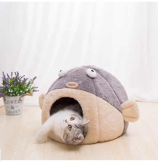 Casa de Gato de Terciopelo Cálido – Cama Nido en Forma de Pez Globo para Todas las Estaciones