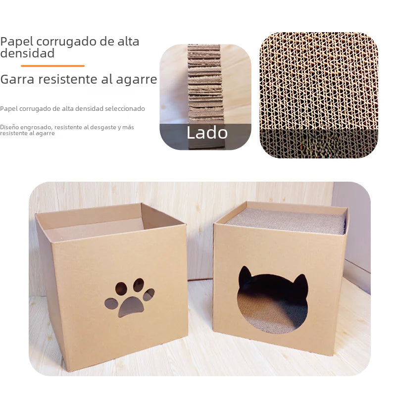 😼 Rascador vertical para gatos con casita de cartón corrugado😻