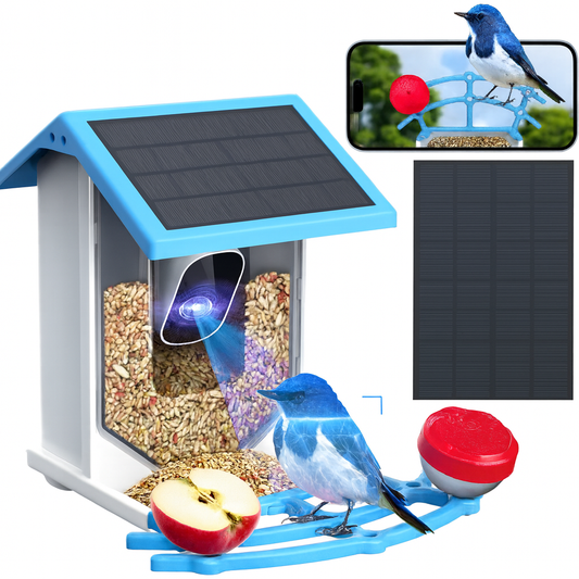 Comedero Inteligente para Pájaros con Cámara - Cámara WiFi 4MP en Vivo, Energía Solar, Identificación de Especies por IA, Captura Automática, Detección de Movimiento, Color Azul