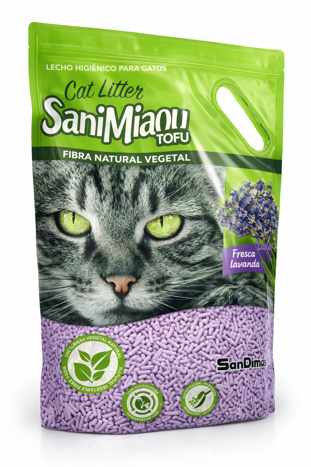 SaniMiaou-Arena Premium Para Gatos TOFU – Fibra Natural Vegetal con Aroma a Lavanda