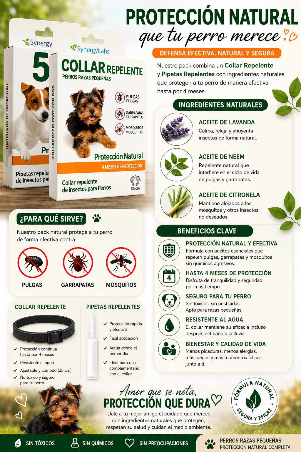 🟢 OFERTA PREMIUM:Collar Repelente + 5 Pipetas Naturales para Perros Pequeños