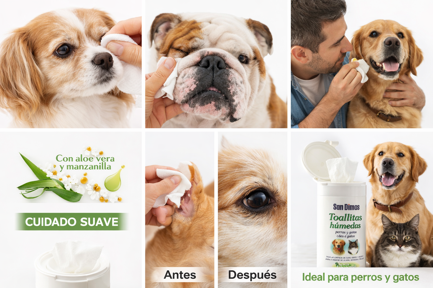 San Dimas 50 unidades Toallitas Húmedas para Perros y Gatos – Higiene rápida y suave para tu Peludo