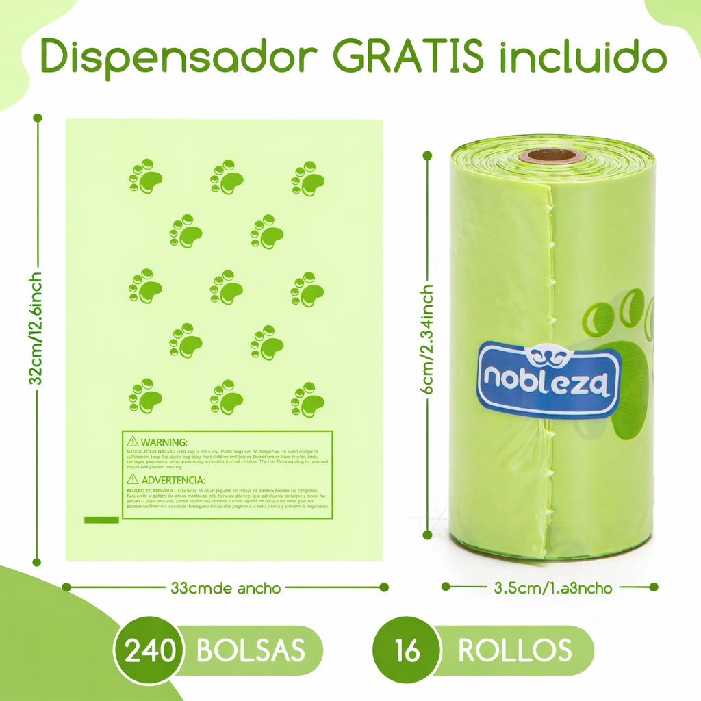 Nobleza 240 con dispensador gratis, bolsas perro portátiles a prueba de fugas extra gruesas16 "fuerte control de olores para gatos y perros