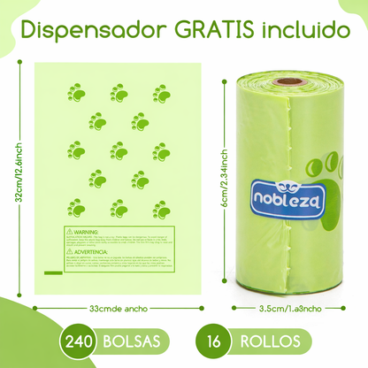 Nobleza 240 con dispensador gratis, bolsas perro portátiles a prueba de fugas extra gruesas16 "fuerte control de olores para gatos y perros