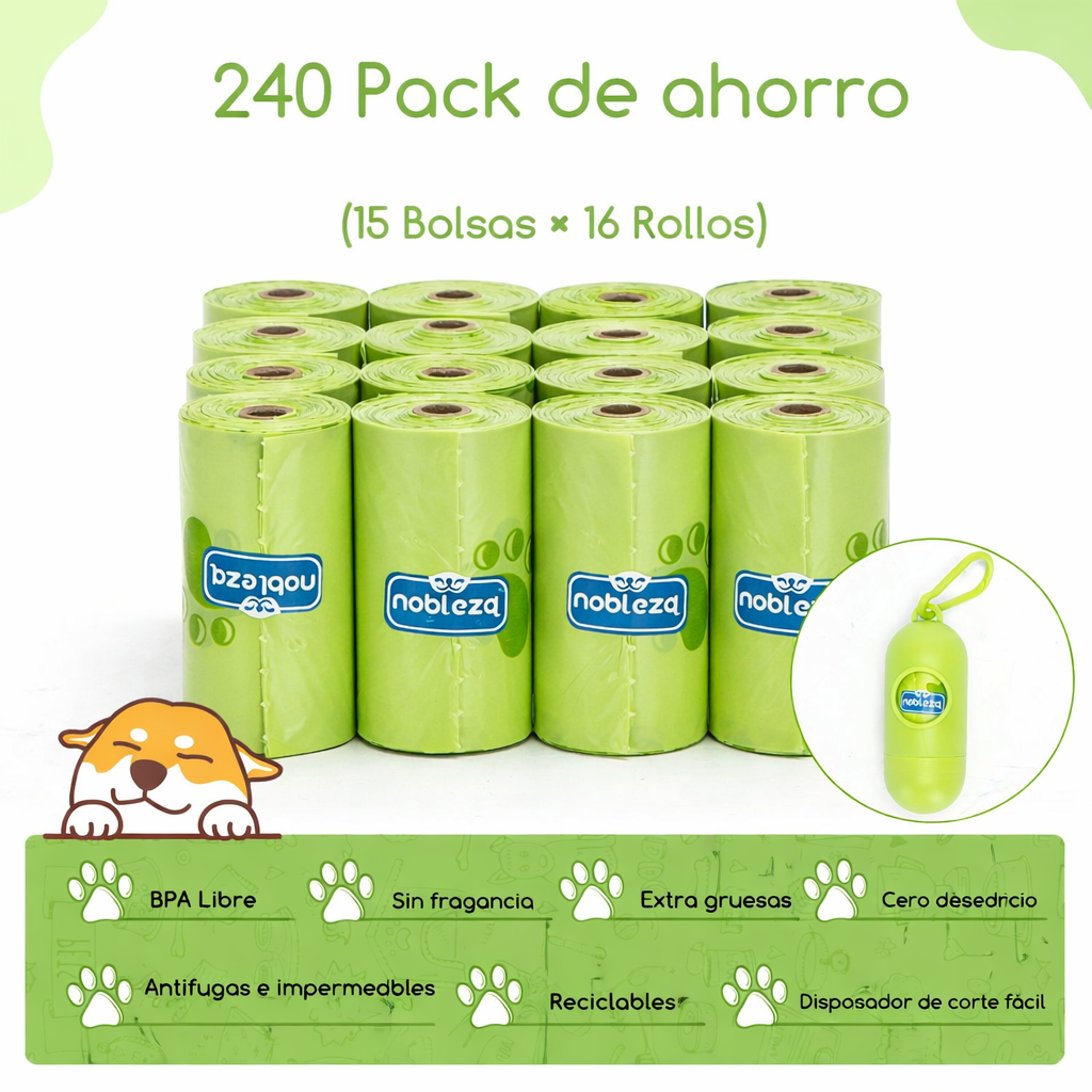 Nobleza 240 con dispensador gratis, bolsas perro portátiles a prueba de fugas extra gruesas16 "fuerte control de olores para gatos y perros
