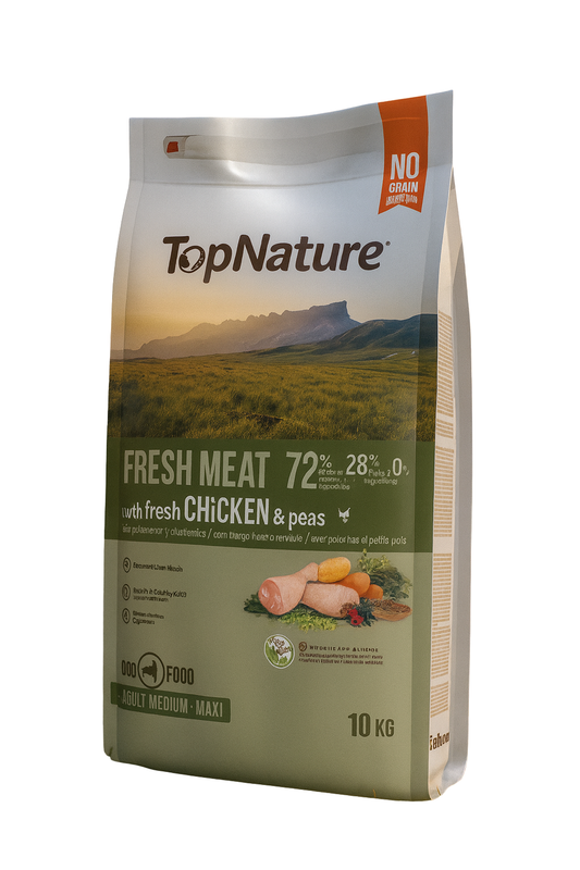 ✨ TopNature Fresh Meat Pollo y Guisantes – 10 kg ✨+Comedero Antivoracidad Azul (Nobleza) Gratis
