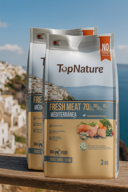 🐾 TopNature Fresh Meat Mediterránea – Adult Mini 3 kg+Comedero Antivoracidad verde (Nobleza) Gratis