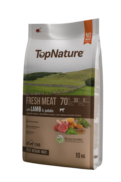 🌿 TopNature Fresh Meat Cordero Patata y vegetales– 10 kg 🐑✨+Comedero Antivoracidad Azul (Nobleza) Gratis