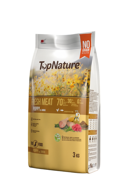 🐶 TopNature Puppy & Junior – Fresh Meat 3 kg 100% natural+Comedero Antivoracidad verde (Nobleza) Gratis