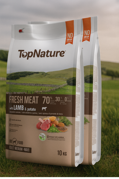 🌿 TopNature Fresh Meat Cordero Patata y vegetales– 10 kg 🐑✨+Comedero Antivoracidad Azul (Nobleza) Gratis