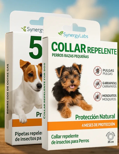 🟢 OFERTA PREMIUM:Collar Repelente + 5 Pipetas Naturales para Perros Pequeños