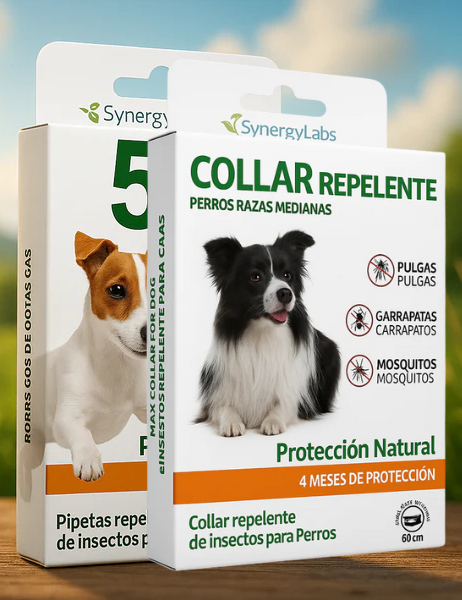 🟢 OFERTA PREMIUM:Collar Repelente + 5 Pipetas Naturales para Perros Medianos