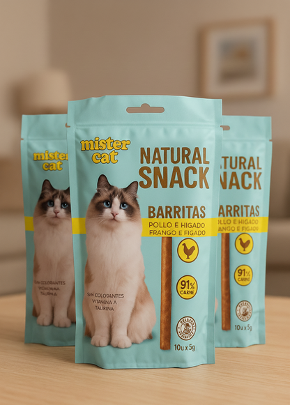 🐱 Mister Cat – Natural Snack Barritas de Pollo e Hígado  91 % de carne
