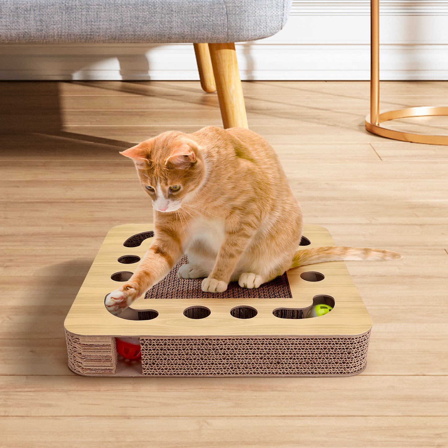 Rascador para Gatos Nobleza Durable con Catnip, Diseño Redondo Interactivo de Cartón, Incluye 2 Juguetes Divertidos