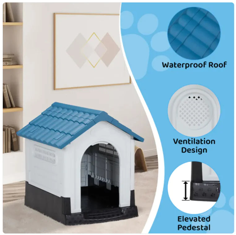 🏡 Casita para Mascotas de PVC Azul y Blanca de 26 pulgadas con Diseño de Contraventanas