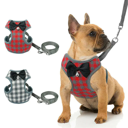 Correa para perro con arnés de pajarita a cuadros para mascotas🐶❤