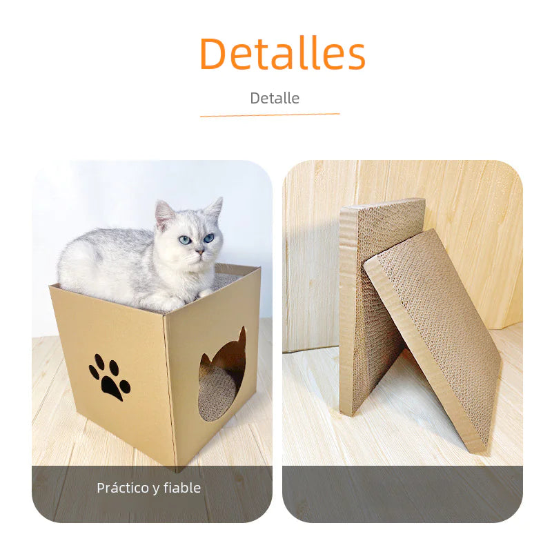 😼 Rascador vertical para gatos con casita de cartón corrugado😻