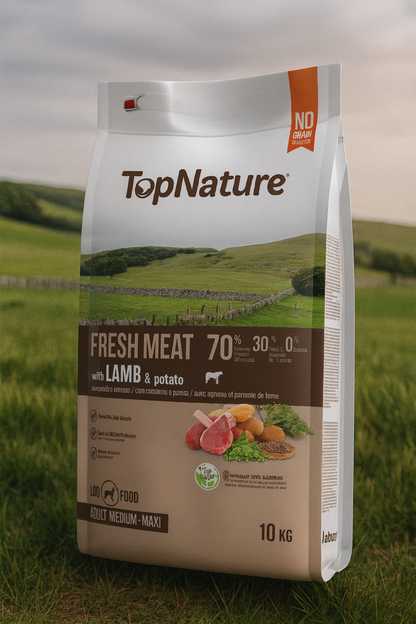 🌿 TopNature Fresh Meat Cordero Patata y vegetales– 10 kg 🐑✨+Comedero Antivoracidad Azul (Nobleza) Gratis