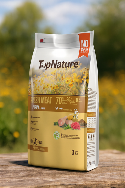 🐶 TopNature Puppy & Junior – Fresh Meat 3 kg 100% natural+Comedero Antivoracidad verde (Nobleza) Gratis