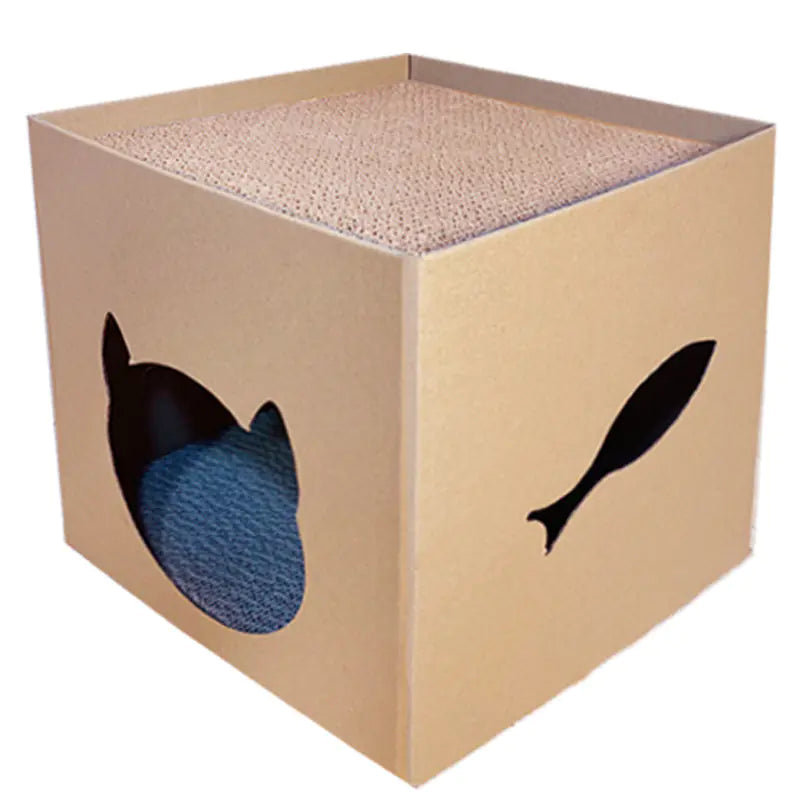 😼 Rascador vertical para gatos con casita de cartón corrugado😻