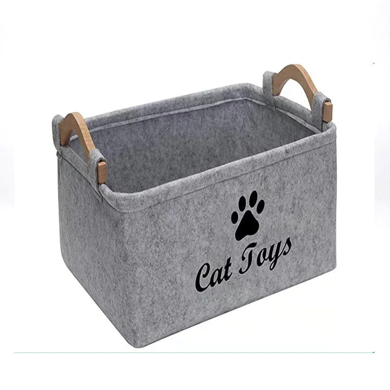 Cesta de almacenamiento para juguetes de mascotas de fieltro – Organizador duradero y con estilo para accesorios de mascotas."