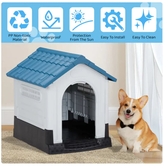 🏡 Casita para Mascotas de PVC Azul y Blanca de 26 pulgadas con Diseño de Contraventanas