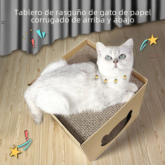 😼 Rascador vertical para gatos con casita de cartón corrugado😻